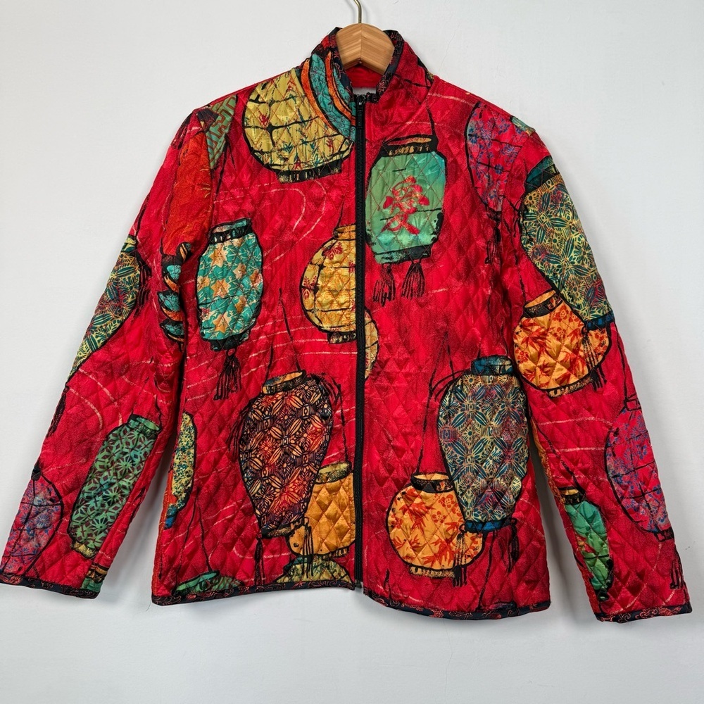 Chico's quilted 100% silk zip-front jacket w/Chinese lantern pattern, Size 0
